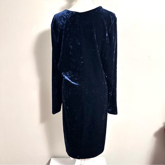 Velvet Velour Below Knee Long Sleeve V-Neck Dress Blue Womens XXL Party Wedding - Picture 2 of 4